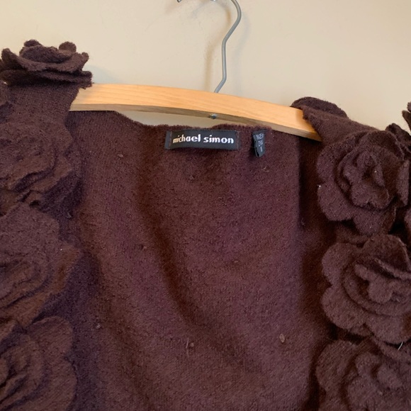 VTG Michael Simon Brown Shrug Cardigan Sweater Short Sleeve Artsy 3d Floral Wool - Picture 6 of 10